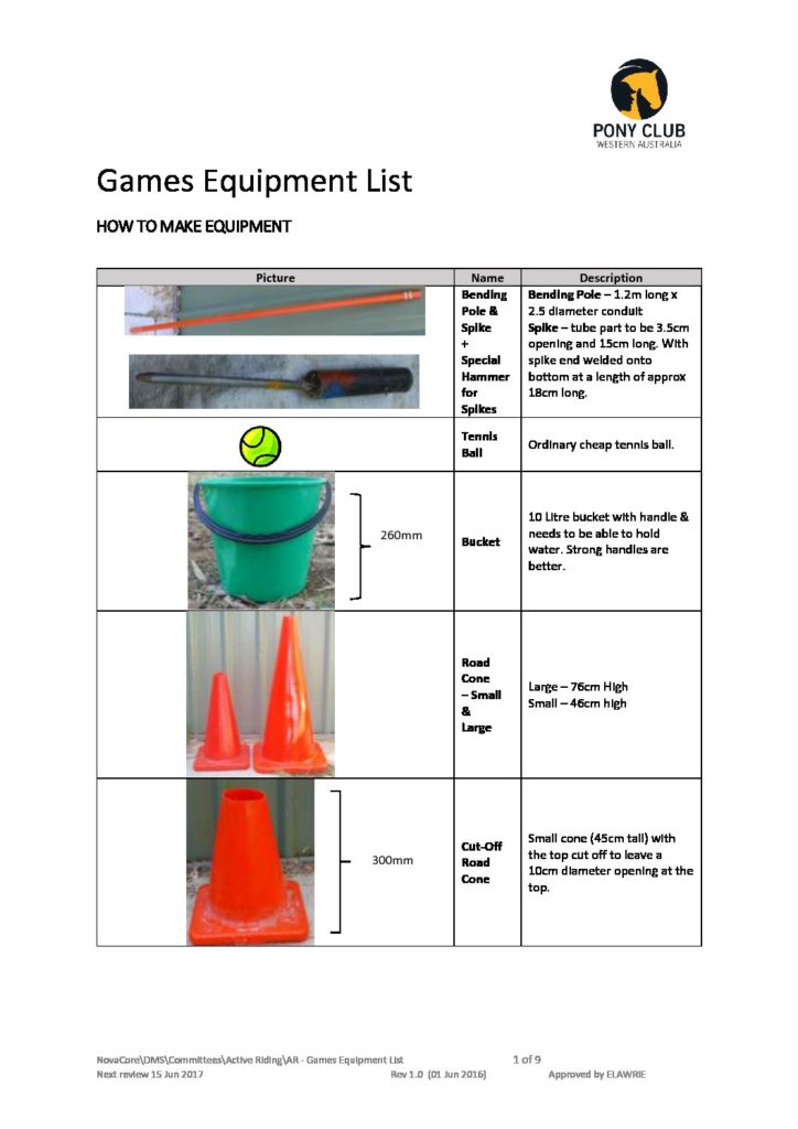 AR Games Equipment List Pony Club Western Australia