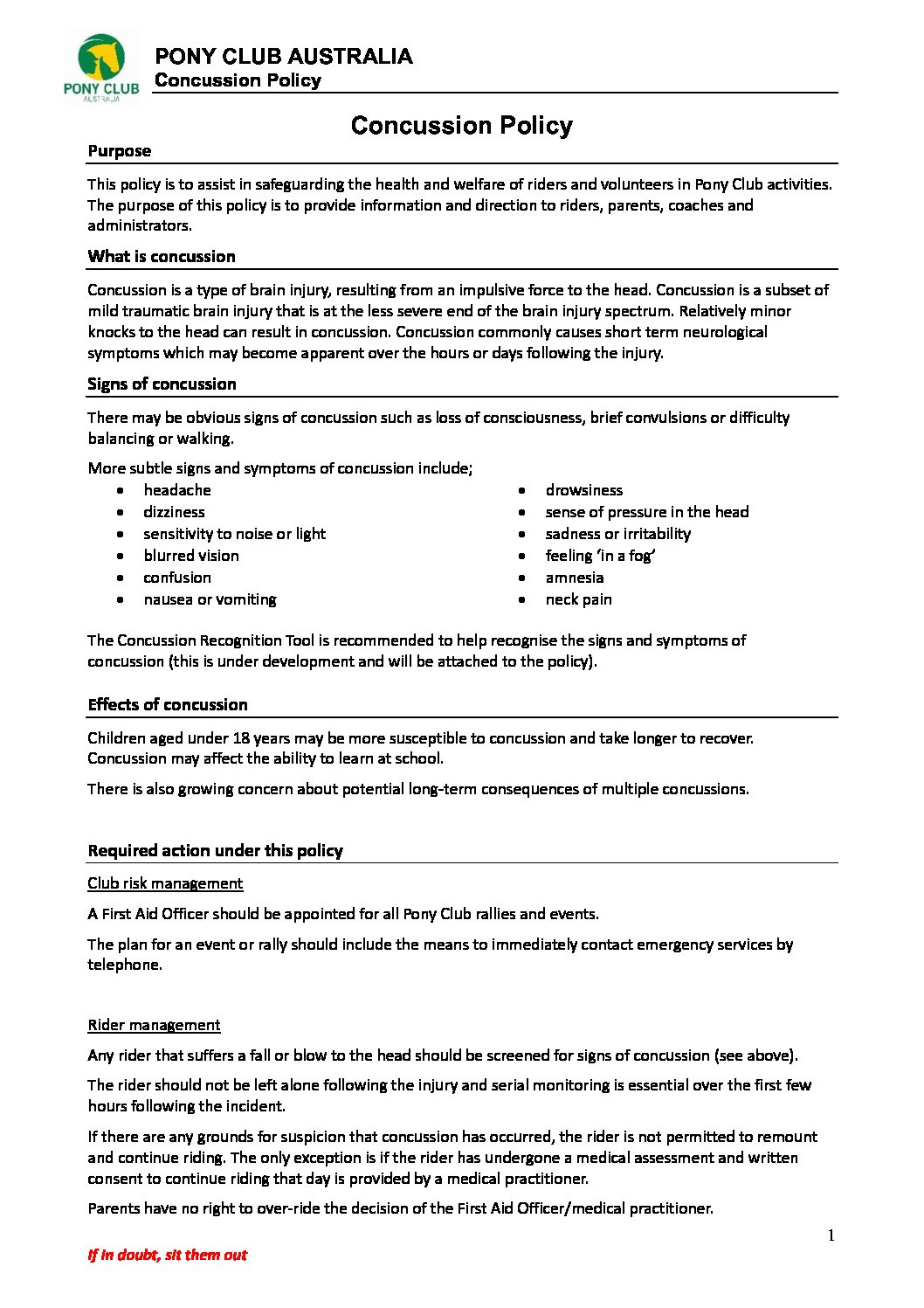 9.0 PCA Concussion Policy 2018 Pony Club Western Australia