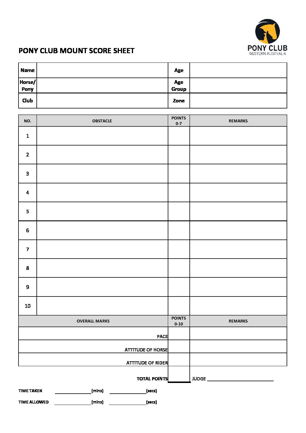 Pony Club Mount Score Sheet Pony Club Western Australia