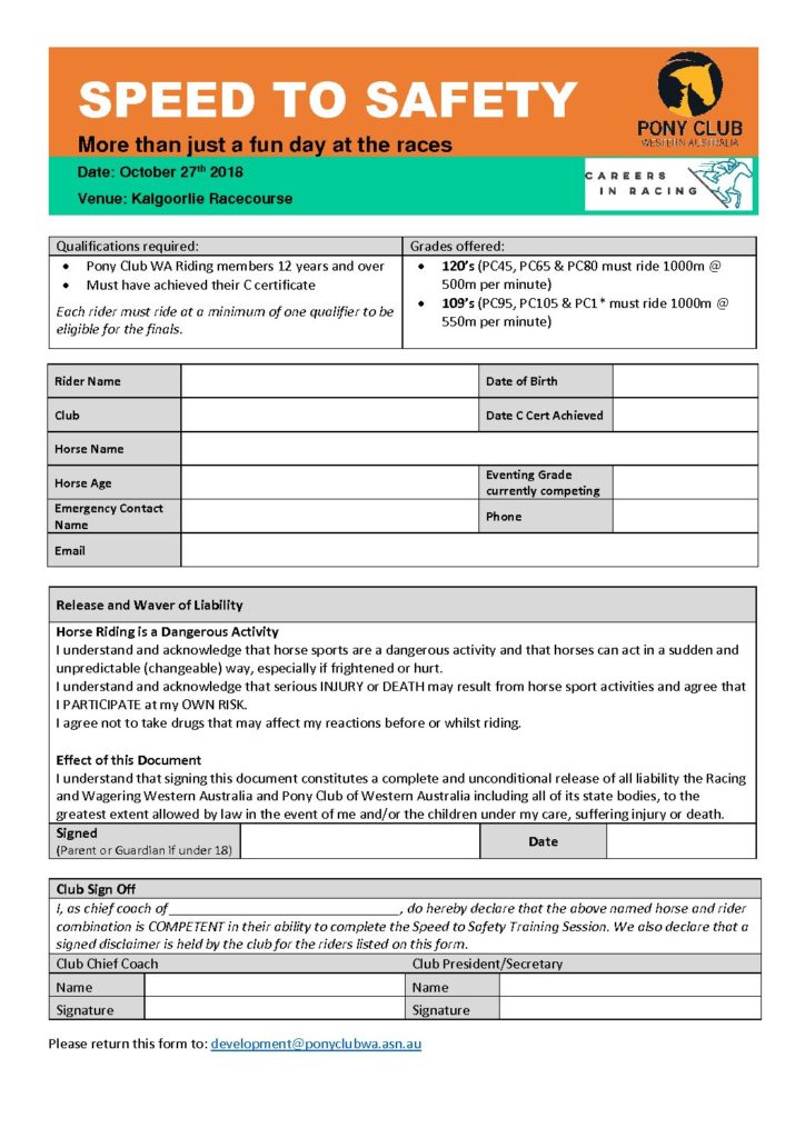 Kalgoorlie Speed to Safety Registration Forms editable Pony Club