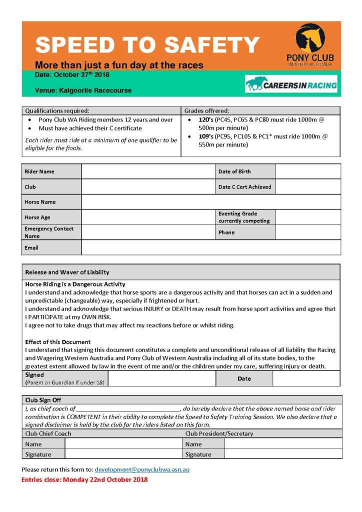 Kalgoorlie Speed to Safety Registration Form Pony Club Western Australia