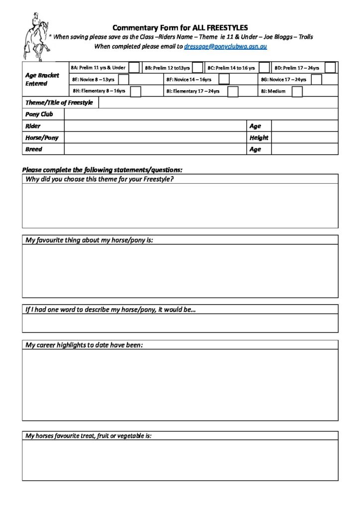 Commentary Form ALL FREESTYLES | Pony Club Western Australia